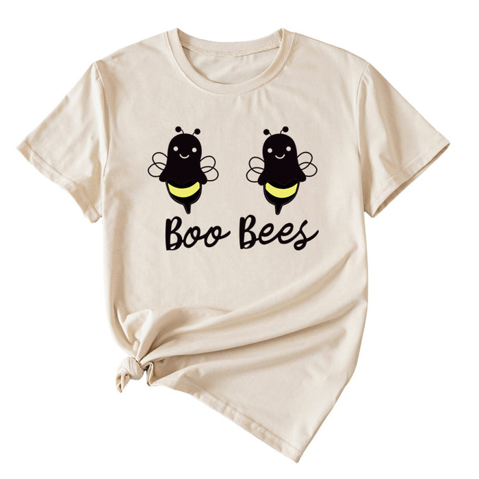 Womens Boo Bees Cute Pattern Printed Round Neck Short Sleeve T-shirt