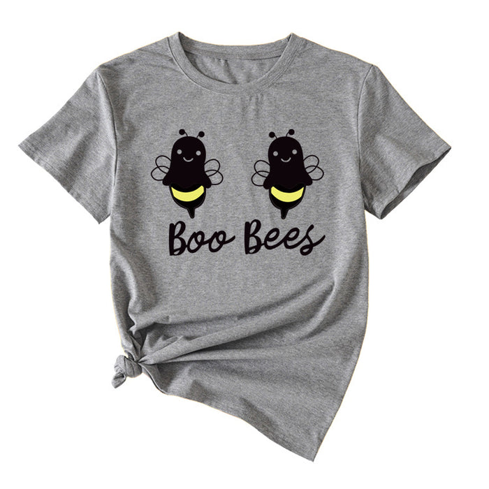 Womens Boo Bees Cute Pattern Printed Round Neck Short Sleeve T-shirt