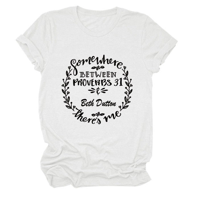 Women‘s Casual Short-sleeved T-shirt with Somewhere Between Letters T-Shirt