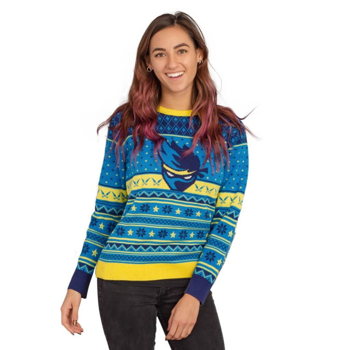 Ninja Blue and Yellow Ninja Logo Christmas Pattern Ugly Sweater 8