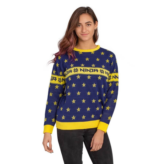 Ninja Navy and Yellow Ninja Stars Pattern Ugly Sweater 7