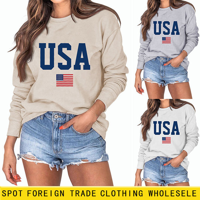 Women's USA Printed Bottoming Long-sleeved Round Neck Sweater