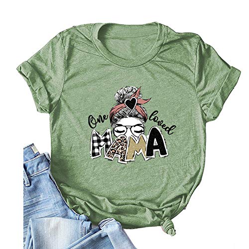 Wommen One Loved Mama T-Shirt Buffalo Plaid & Leopard Mama Shirt
