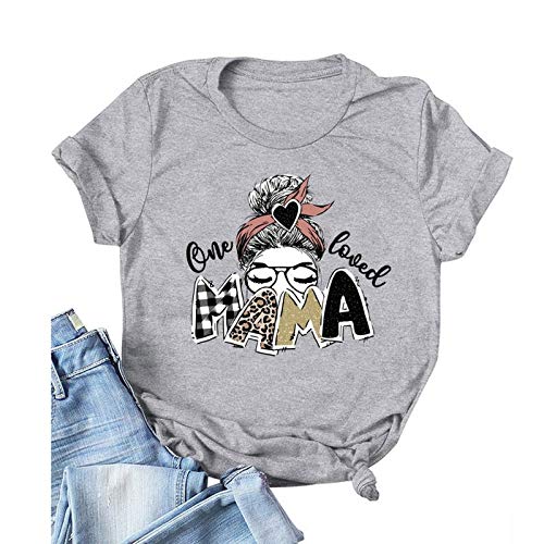 Wommen One Loved Mama T-Shirt Buffalo Plaid & Leopard Mama Shirt