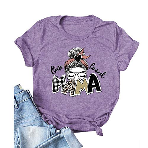 Wommen One Loved Mama T-Shirt Buffalo Plaid & Leopard Mama Shirt