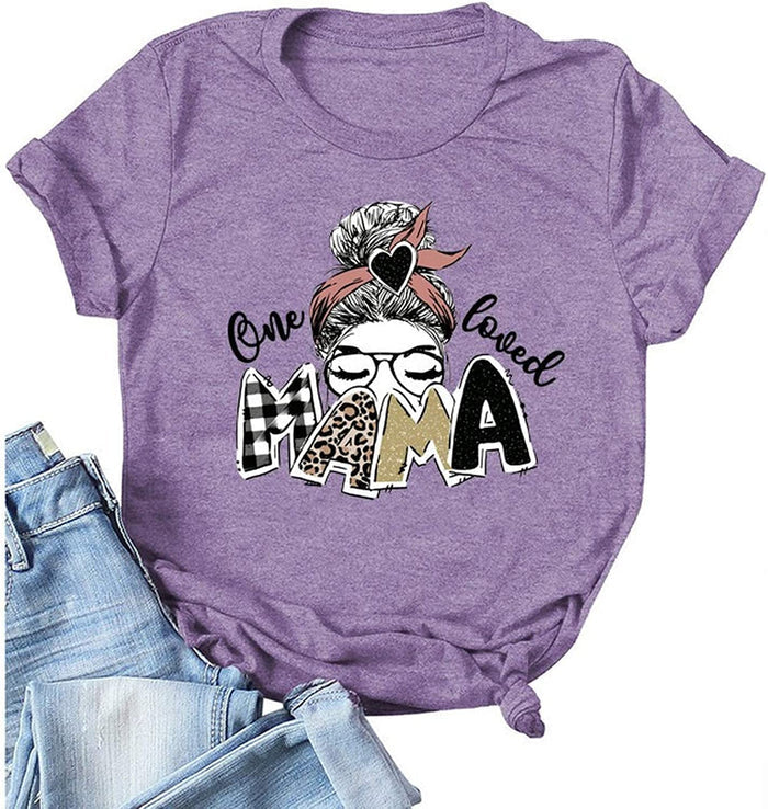 Wommen One Loved Mama T-Shirt Buffalo Plaid & Leopard Mama Shirt
