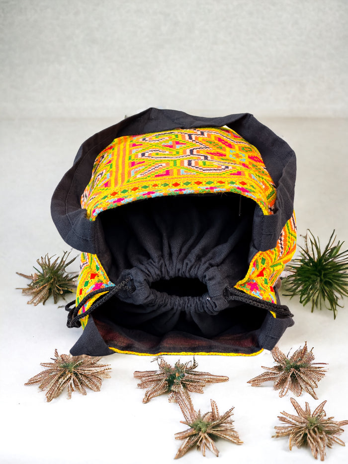 Yellow and blue embroidery shoulder bag with string to close
