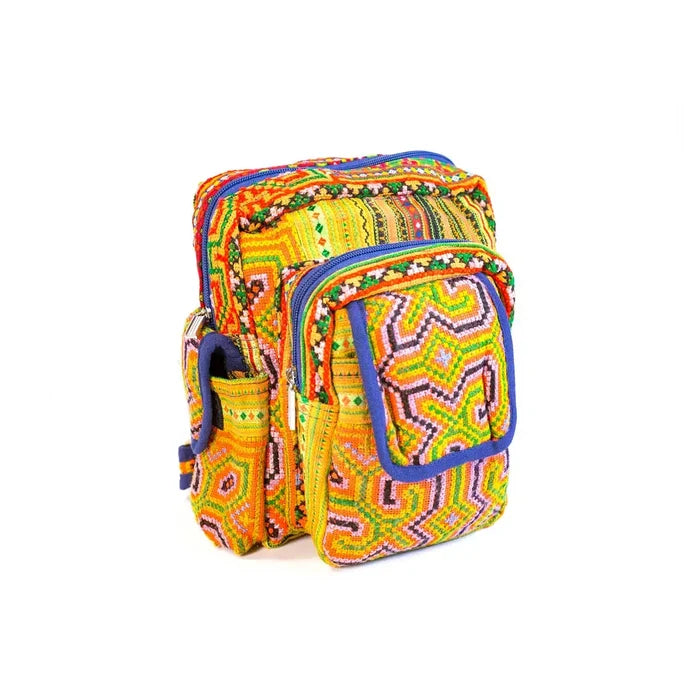 Vindigo handmade yellow tribal hemp sling bag showing embroidery details