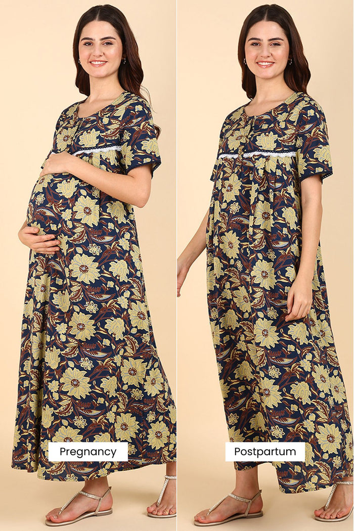 Maternity Yellow Floral Printed 100% Soft Cotton Zipless Maternity Maxi