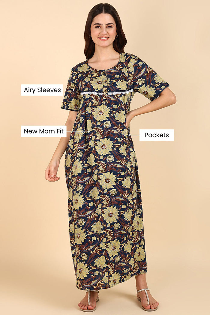 Pregnancy Yellow Floral Printed 100% Soft Cotton Zipless Maternity Maxi