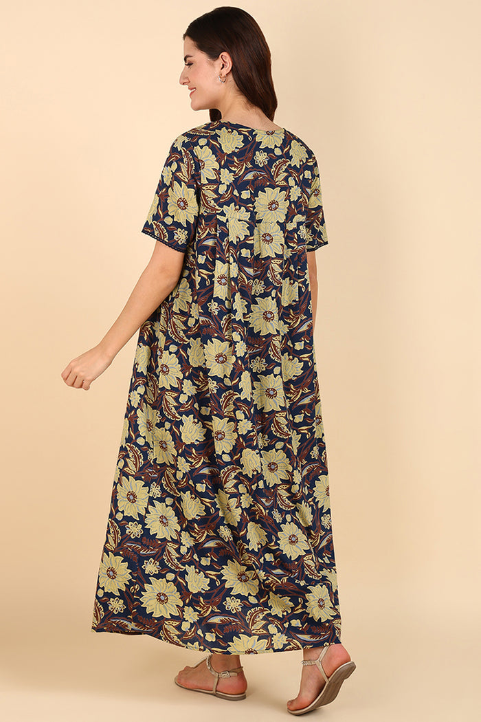 Yellow Floral Printed 100% Soft Cotton Zipless Maternity Maxi for Pregnancy