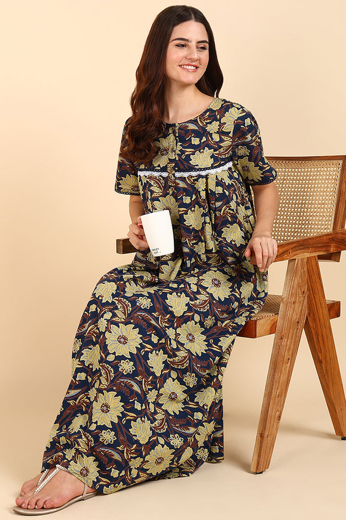 Yellow Floral Printed 100% Soft Cotton Zipless Maternity Maxi - Ideal