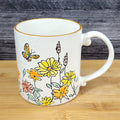 Yellow Flowers and Butterfly Country Garden Mug Nature White Tea Cup Blue Sky