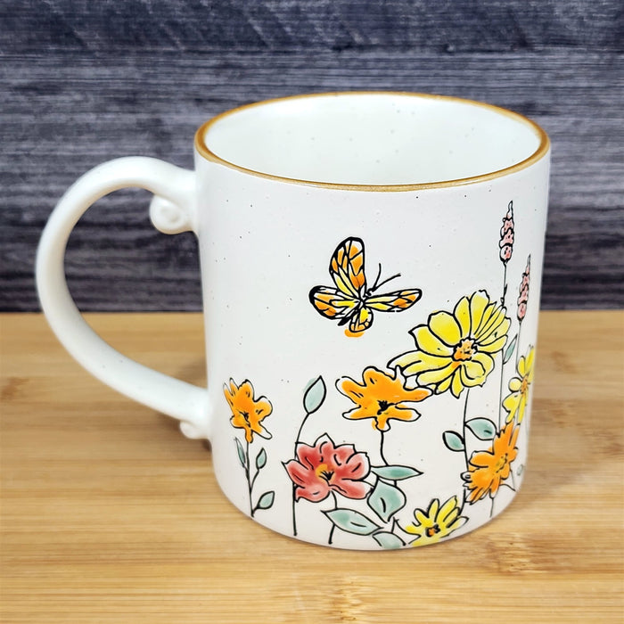 Yellow Flowers and Butterfly Country Garden Mug Nature White Tea Cup Blue Sky