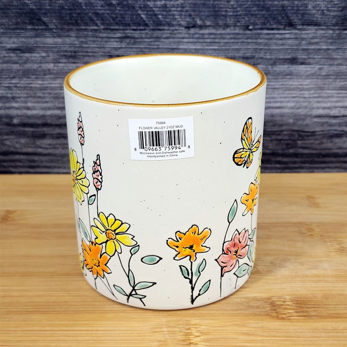 Yellow Flowers and Butterfly Country Garden Mug Nature White Tea Cup Blue Sky