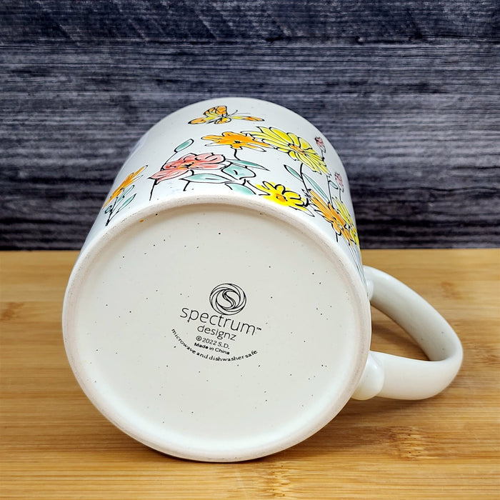 Yellow Flowers and Butterfly Country Garden Mug Nature White Tea Cup Blue Sky