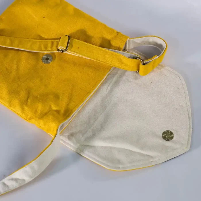 Open view of spacious hemp crossbody bag with cotton lining and magnet closure