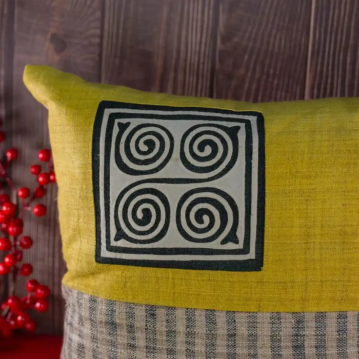 Vindigo handwoven hemp cushion close-up showing spiral embroidery detail