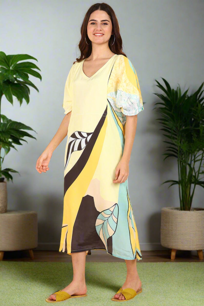Yellow Printed Maternity Pregnancy & Feeding Kaftan