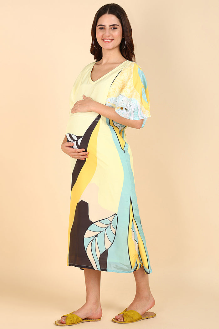 Yellow Printed Maternity Feeding Kaftan for Pregnancy