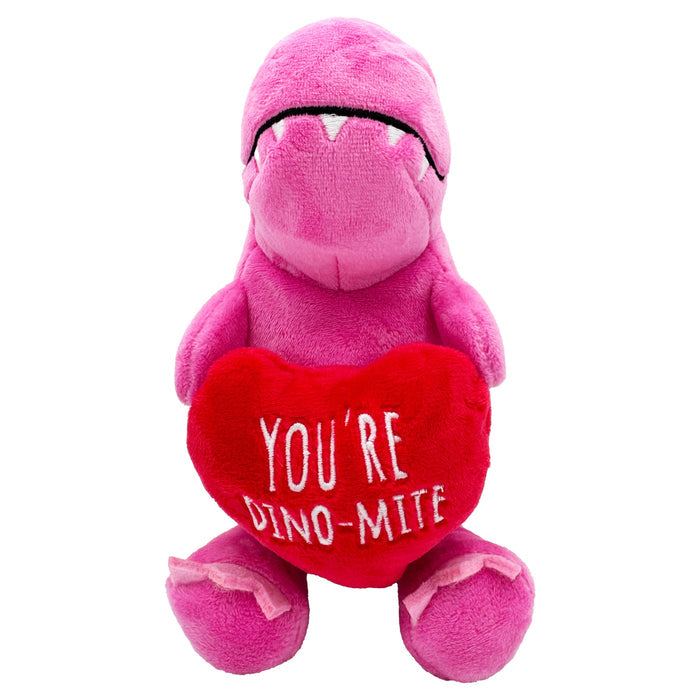 Dog with You're Dino-Mite Dog Toy on a white background.