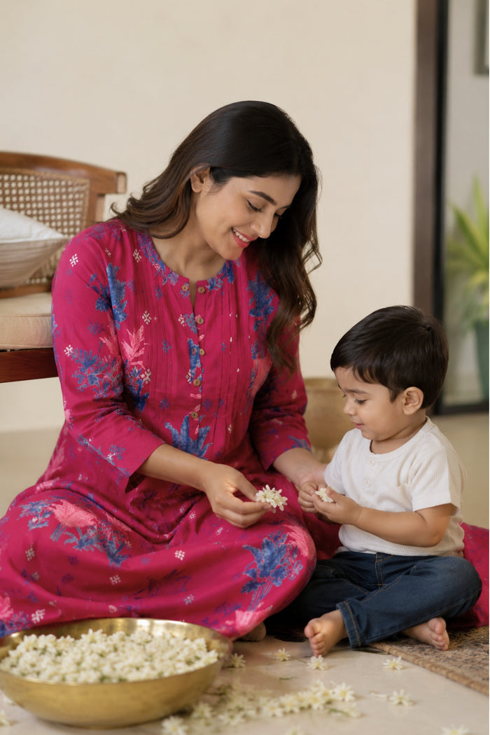 Zipless Feeding Cotton Maternity Kurta-Pant Set - Maroon