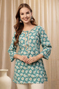 Floral Teal Cotton Top with Embroidery; combines stylish print and feeding function.