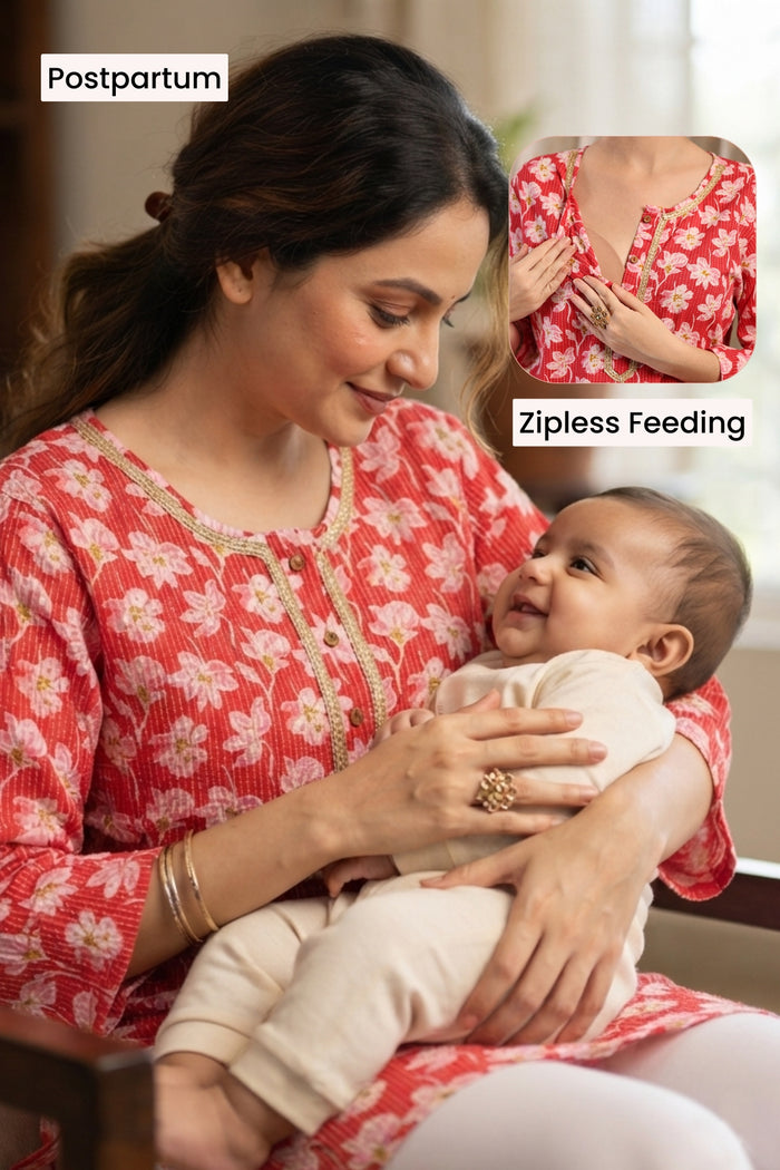 Zipless Feeding Cotton Top with Embroidered Neck - Red Floral