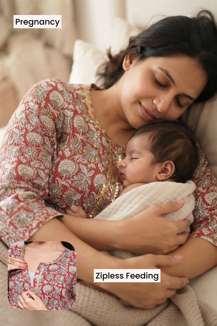 Zipless Feeding Cotton Top with Embroidered Neck - Red Multi