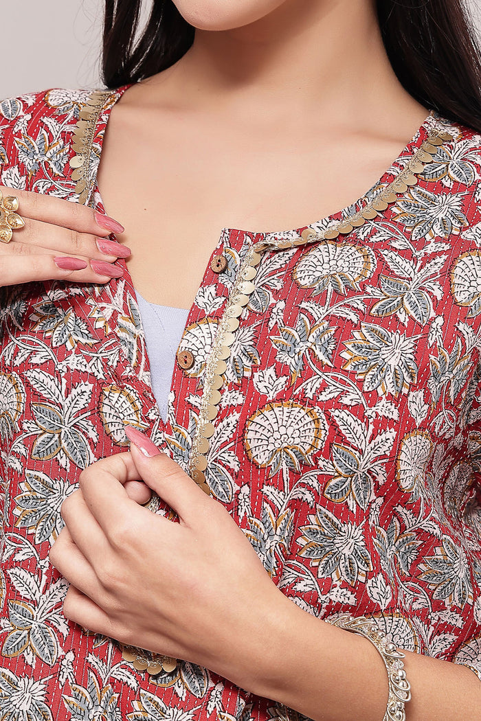 Model wearing Red Multi Top; provides coverage and fit for a changing body.